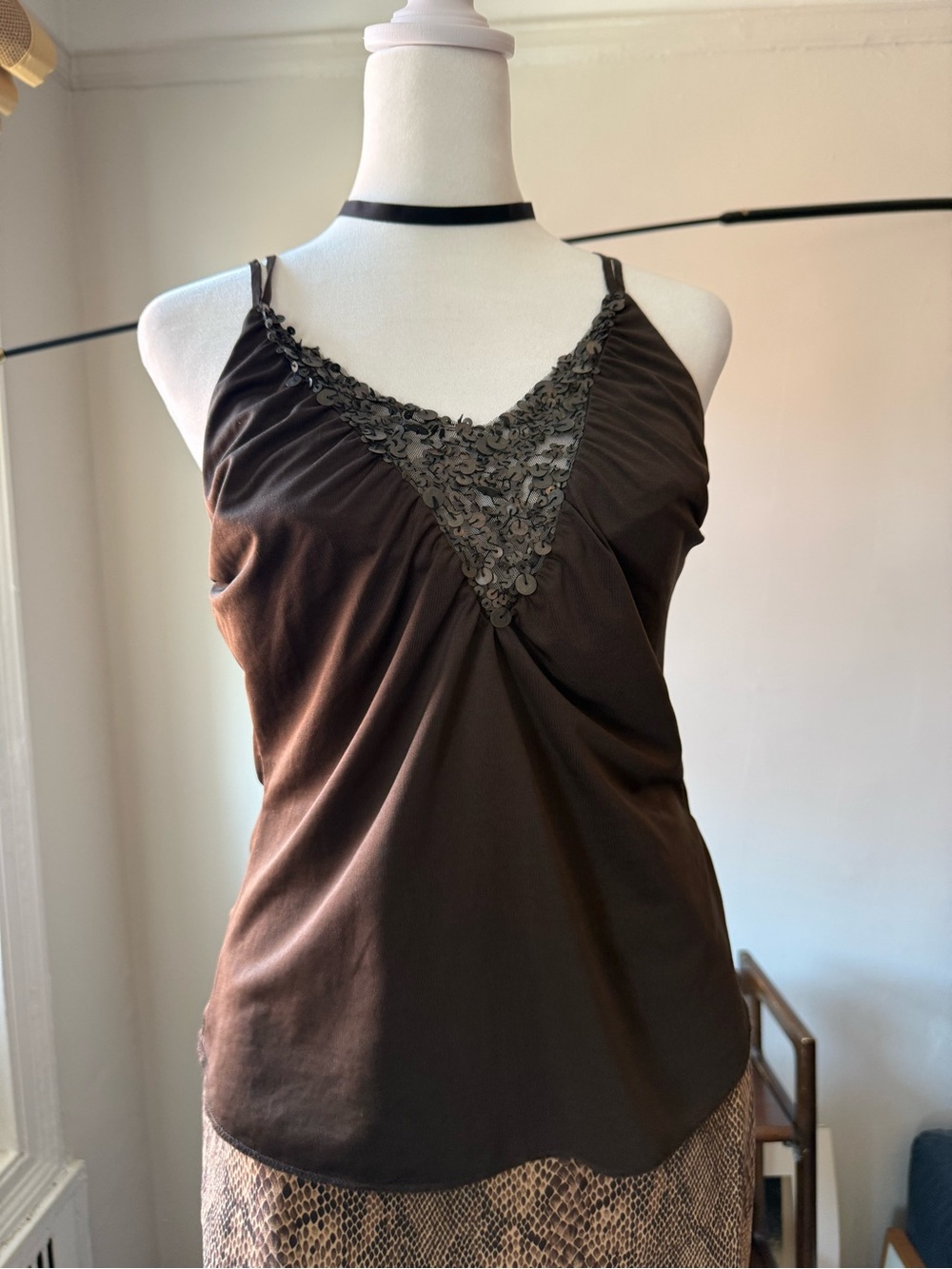 Y2k Brown Lace-Trim Cami Tank Top